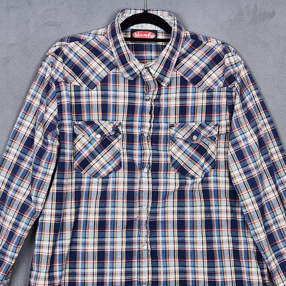 MAMBO Shirt Mens XL Blue Plaid Pearl Button Snap Streetwear Surf Y2K Western